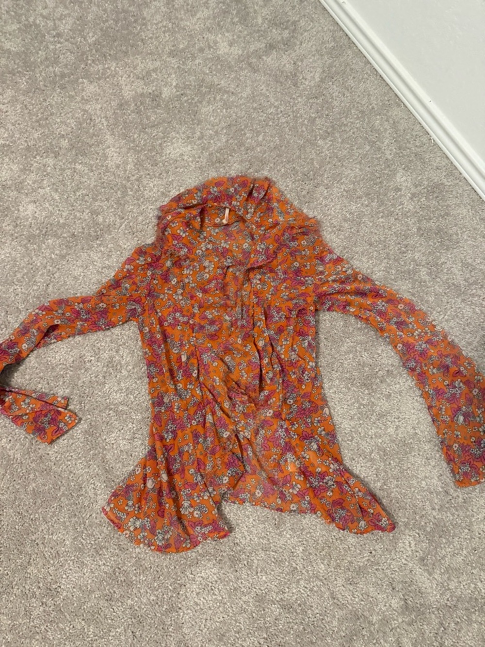 Free People Orange Pink Floral Ruffle Tie-Front Blouse